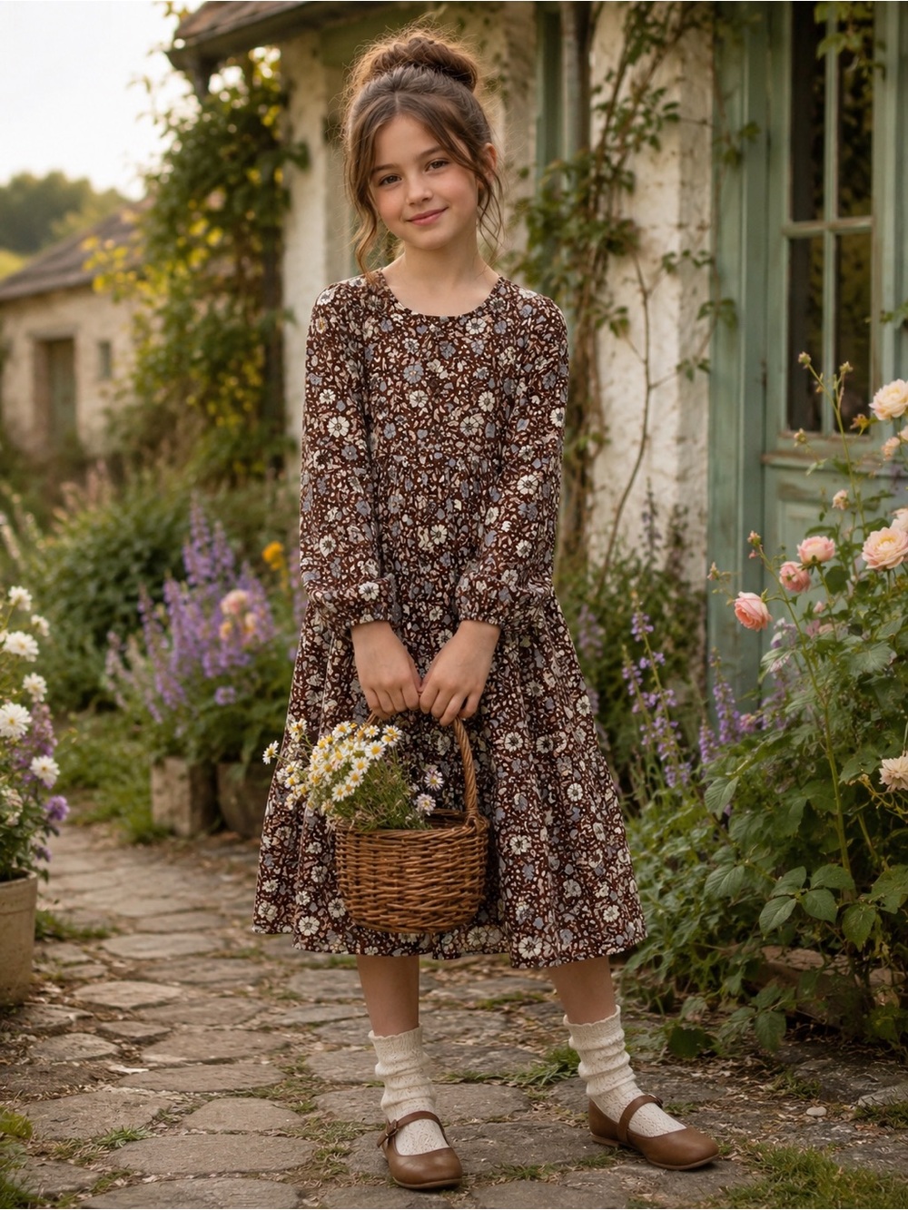 Rylee + Cru Brown Floral Holiday Bloom Gillian Tiered Dress 10-12Y Boho Cottage